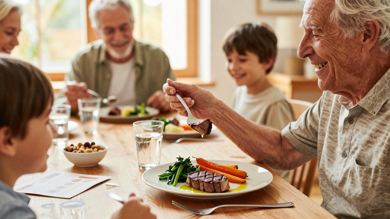 Família feliz, três gerações, a jantar juntas, com legumes e carne num ambiente luminoso e acolhedor.