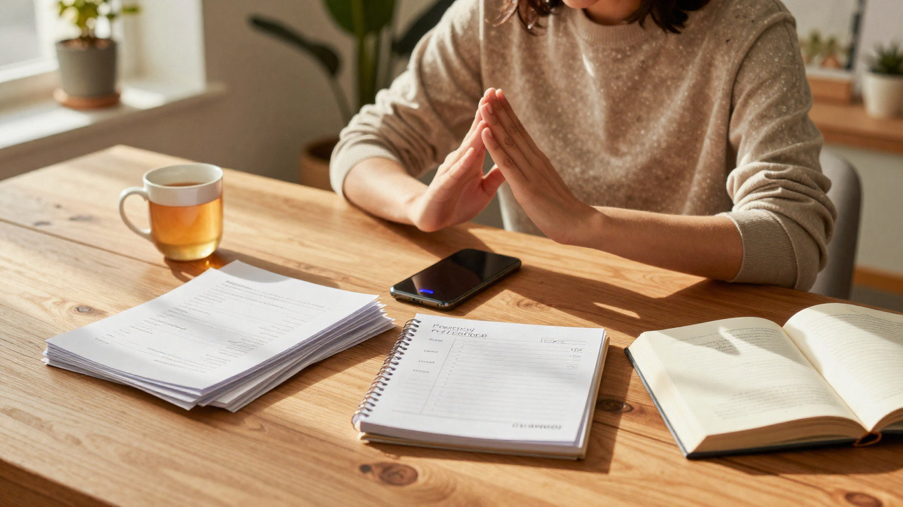 Pessoa sentada à mesa com caderno, livros, telemóvel, pilha de papéis e chá.