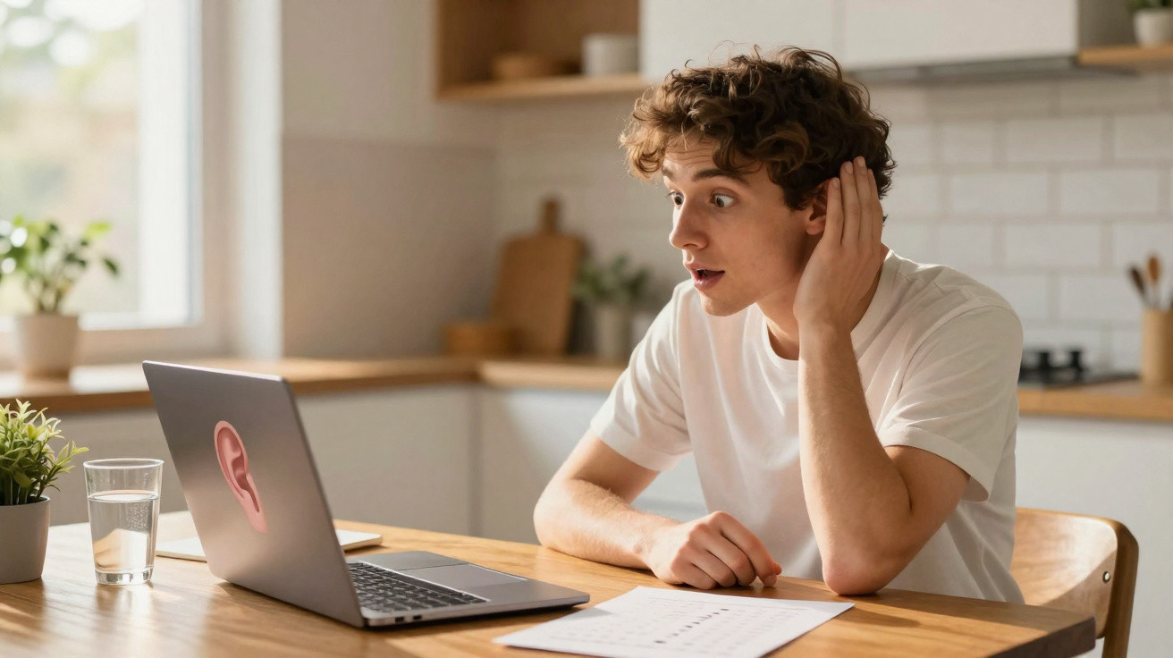 Jovem sentado à mesa a ouvir atentamente um computador portátil com uma orelha ilustrada no ecrã.