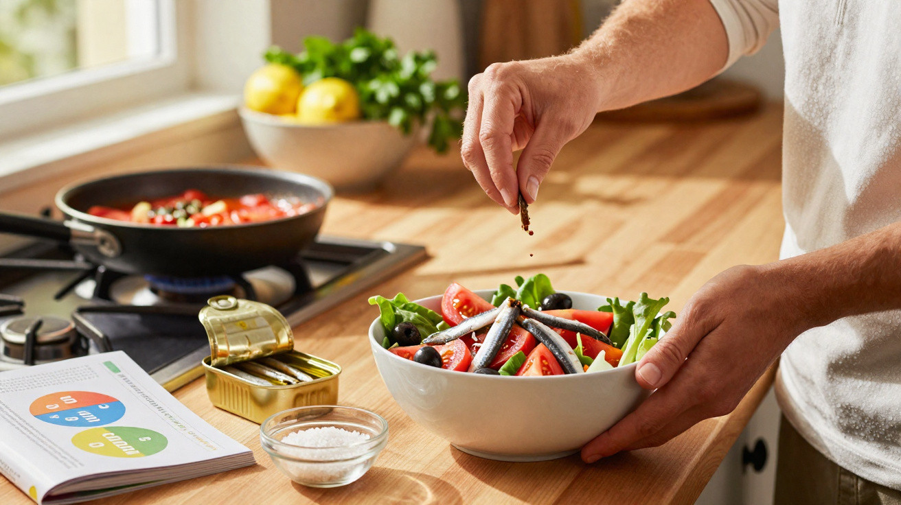Pessoa tempera salada fresca com tomates, azeitonas e sardinhas numa cozinha luminosa e organizada.