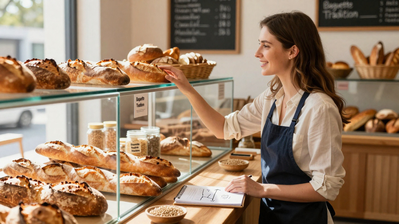 Funcionária sorridente a organizar pães numa pastelaria com diversos tipos de pão expostos.