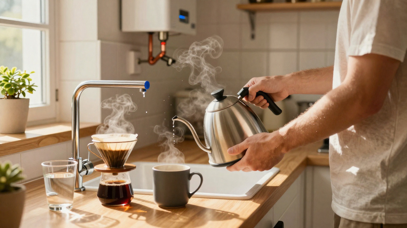 Pessoa a fazer café com chaleira metálica numa cozinha iluminada, com vapor a sair do café e da chaleira.