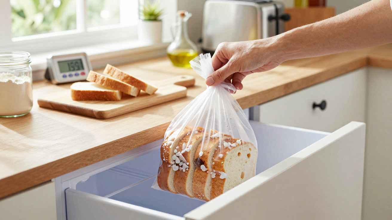 Pessoa a guardar pão fatiado num saco plástico dentro de uma gaveta de cozinha branca.