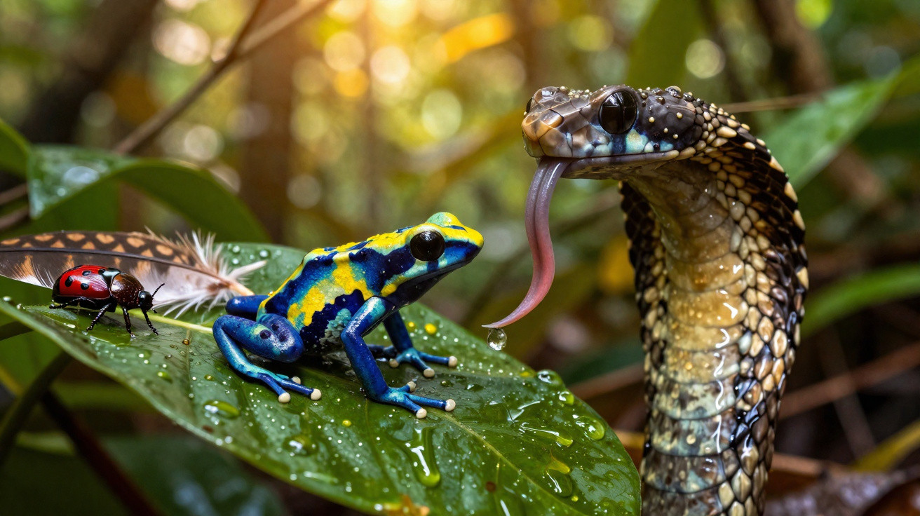 Rã colorida, cobra com língua de fora e joaninha numa folha verde húmida na floresta.