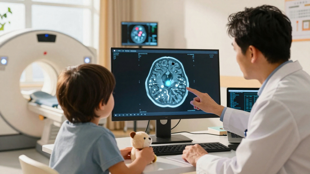 Médico mostra a um menino resultados de uma ressonância magnética cerebral numa clínica de imagiologia.