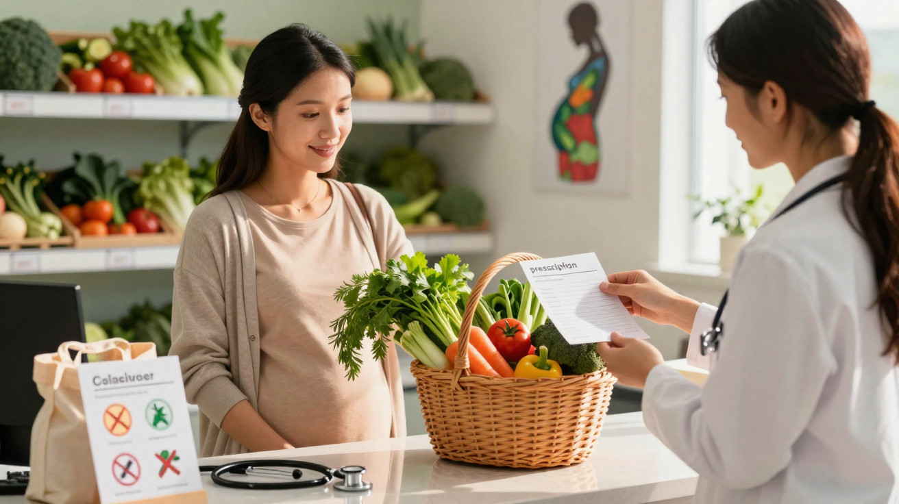 Grávida recebe orientação e prescrição alimentar de médica numa sala com frutas e legumes frescos.