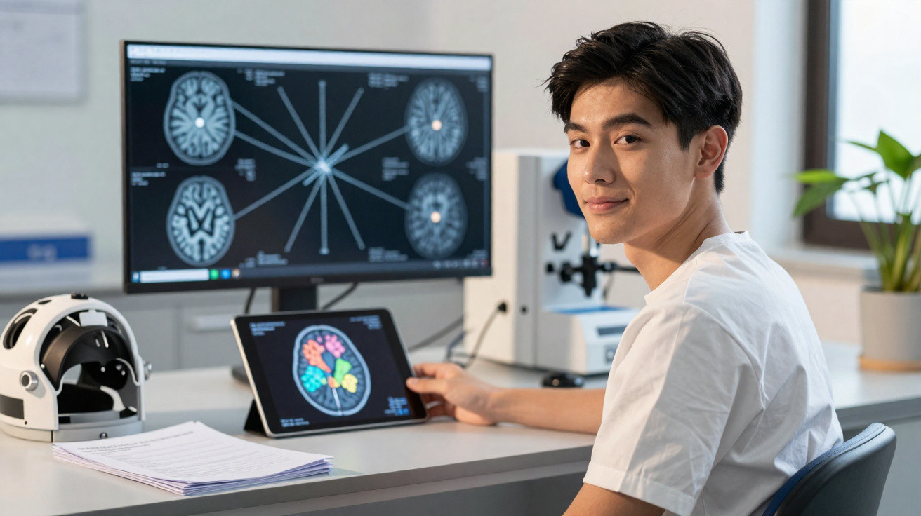Homem jovem sentado a analisar imagens cerebrais em ecrãs num laboratório moderno.