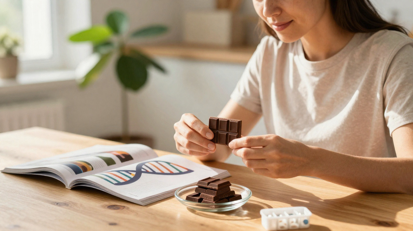 Pessoa segurando chocolate junto a livro aberto com imagem de DNA, prato com mais chocolate e caixa de comprimidos.