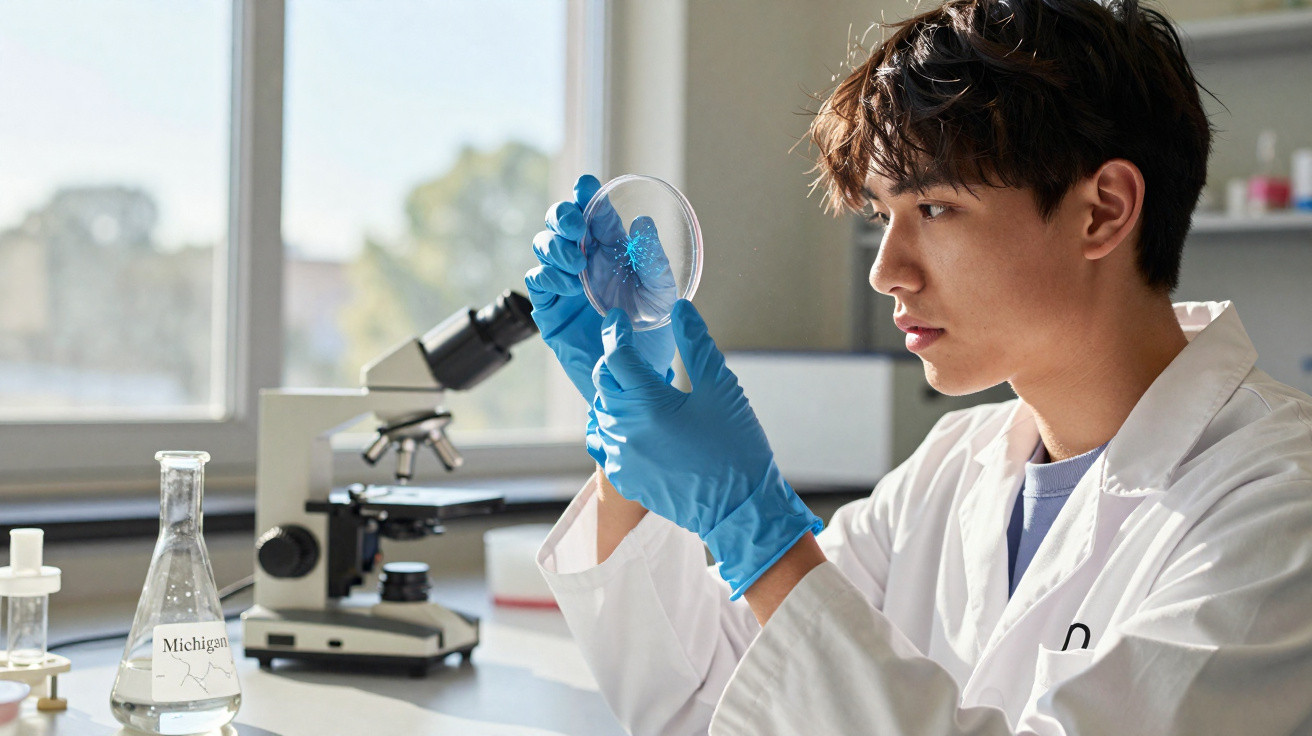 Cientista com bata branca e luvas azuis a observar cultura em placa de petri num laboratório iluminado.