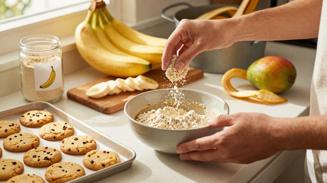 Mãos a preparar massa numa tigela, bolachas num tabuleiro, bananas e manga na bancada da cozinha.