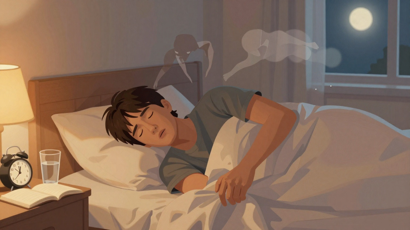 Jovem a dormir na cama com figuras sombrias e espectrais ao redor, à noite, com lua visível pela janela.