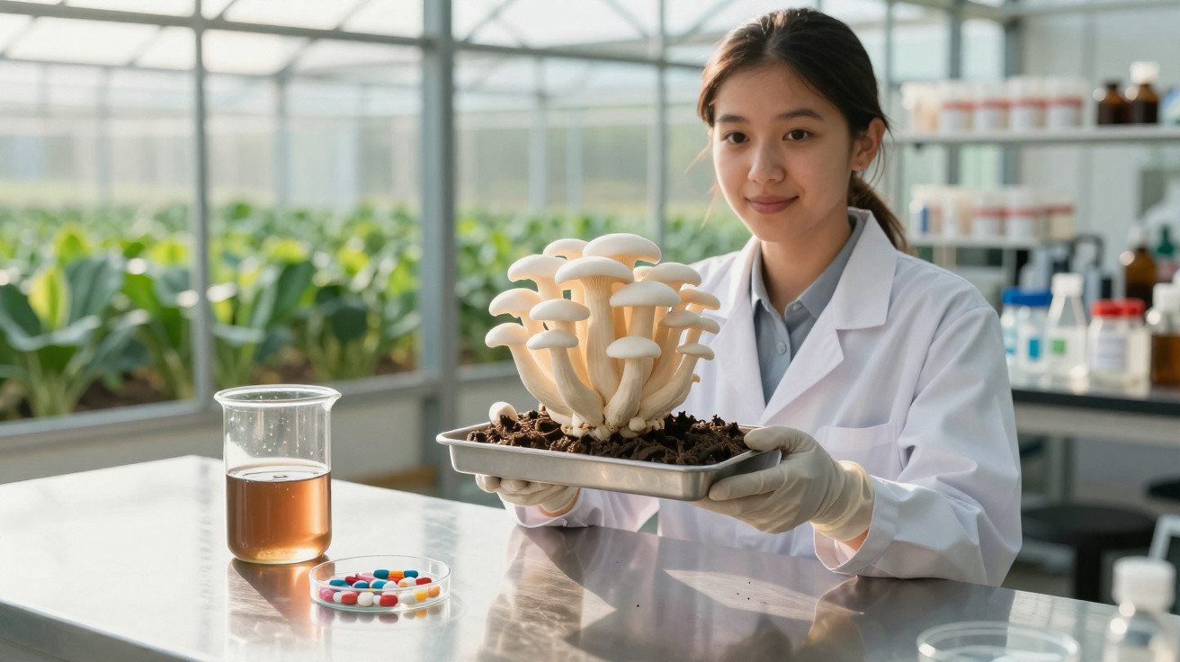 Cientista em laboratório a segurar bandeja com cogumelos brancos cultivados em terra.