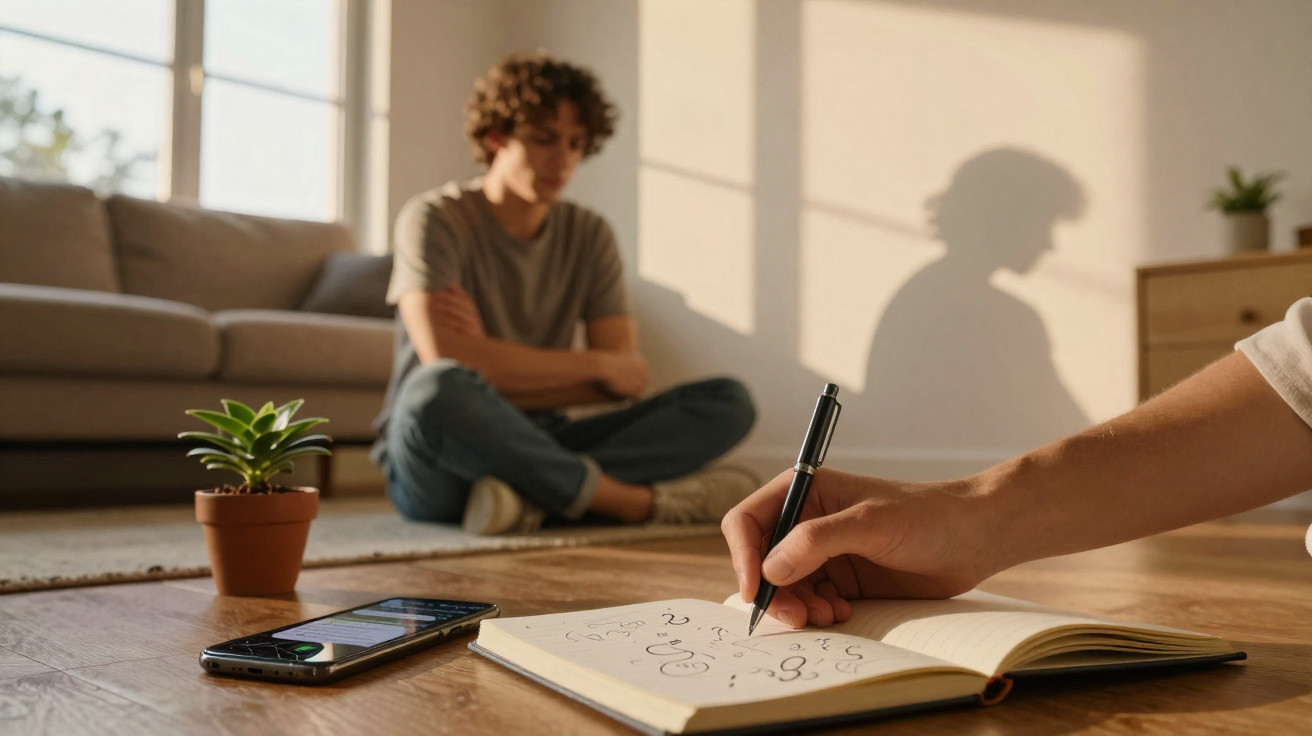 Pessoa sentada no chão ao fundo e mão escrevendo em caderno com telefone e planta numa sala iluminada pelo sol.