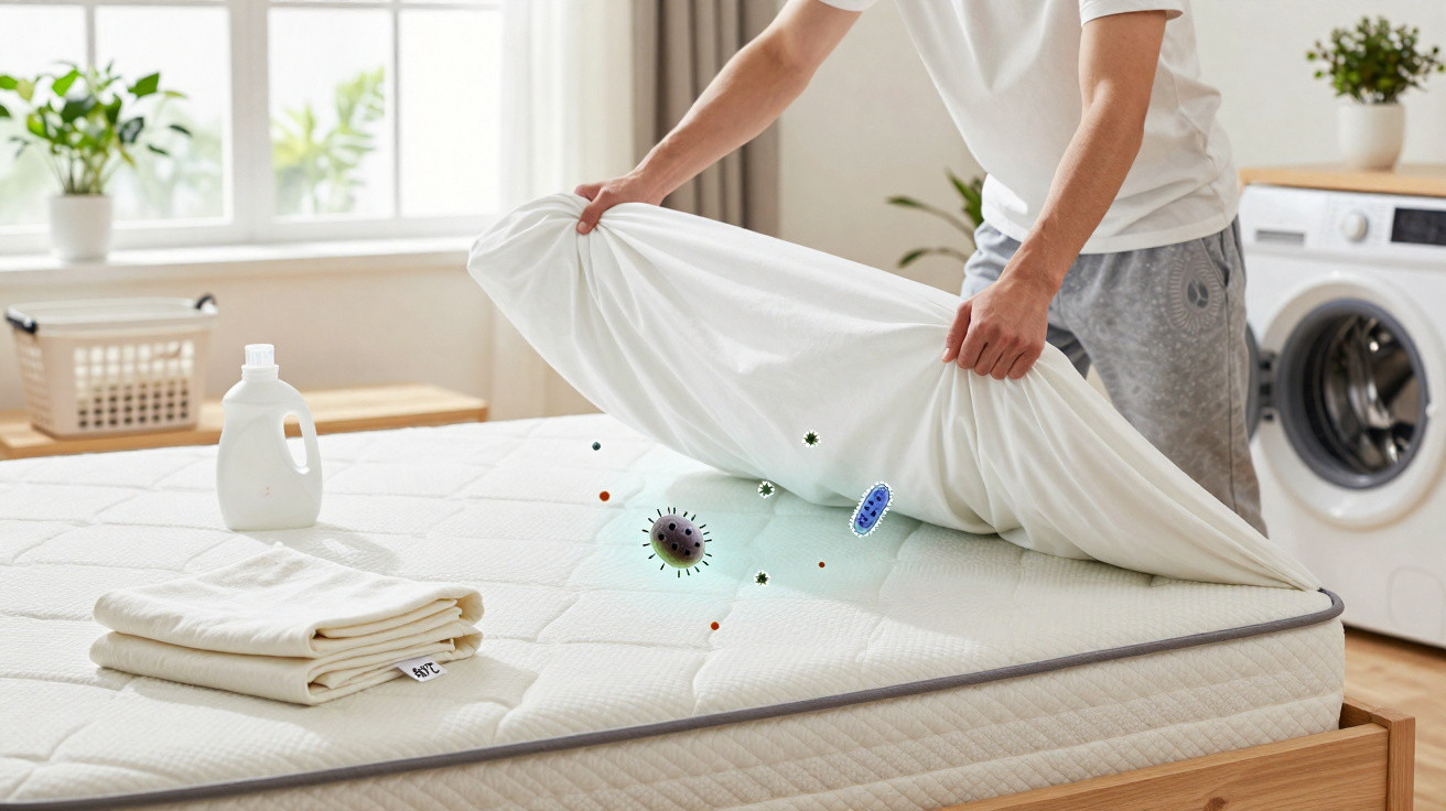 Pessoa a levantar uma almofada para revelar bactérias e micro-organismos no colchão limpo num quarto luminoso.