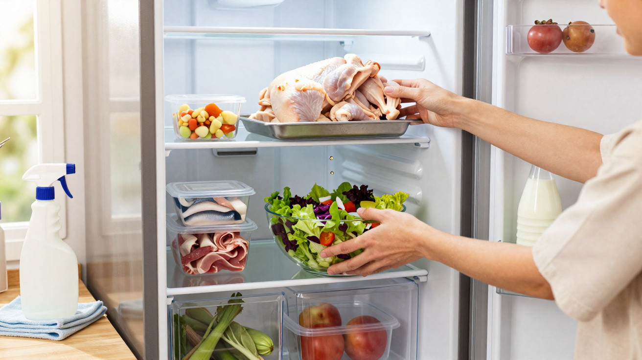 Mãos a colocar tigela com salada numa prateleira do frigorífico aberto com vários alimentos organizados.