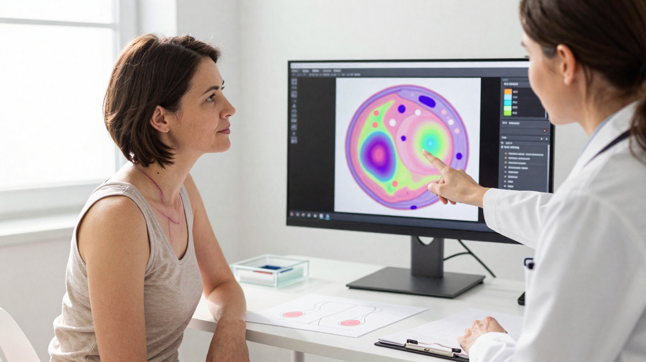 Paciente a ouvir médica que aponta para imagem colorida num ecrã durante consulta num consultório.