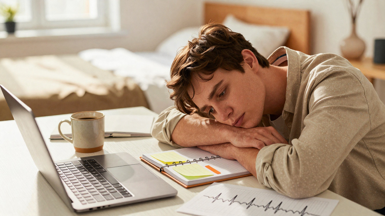 Jovem cansado encostado na mesa com computador, caderno e gráfico, num quarto iluminado.