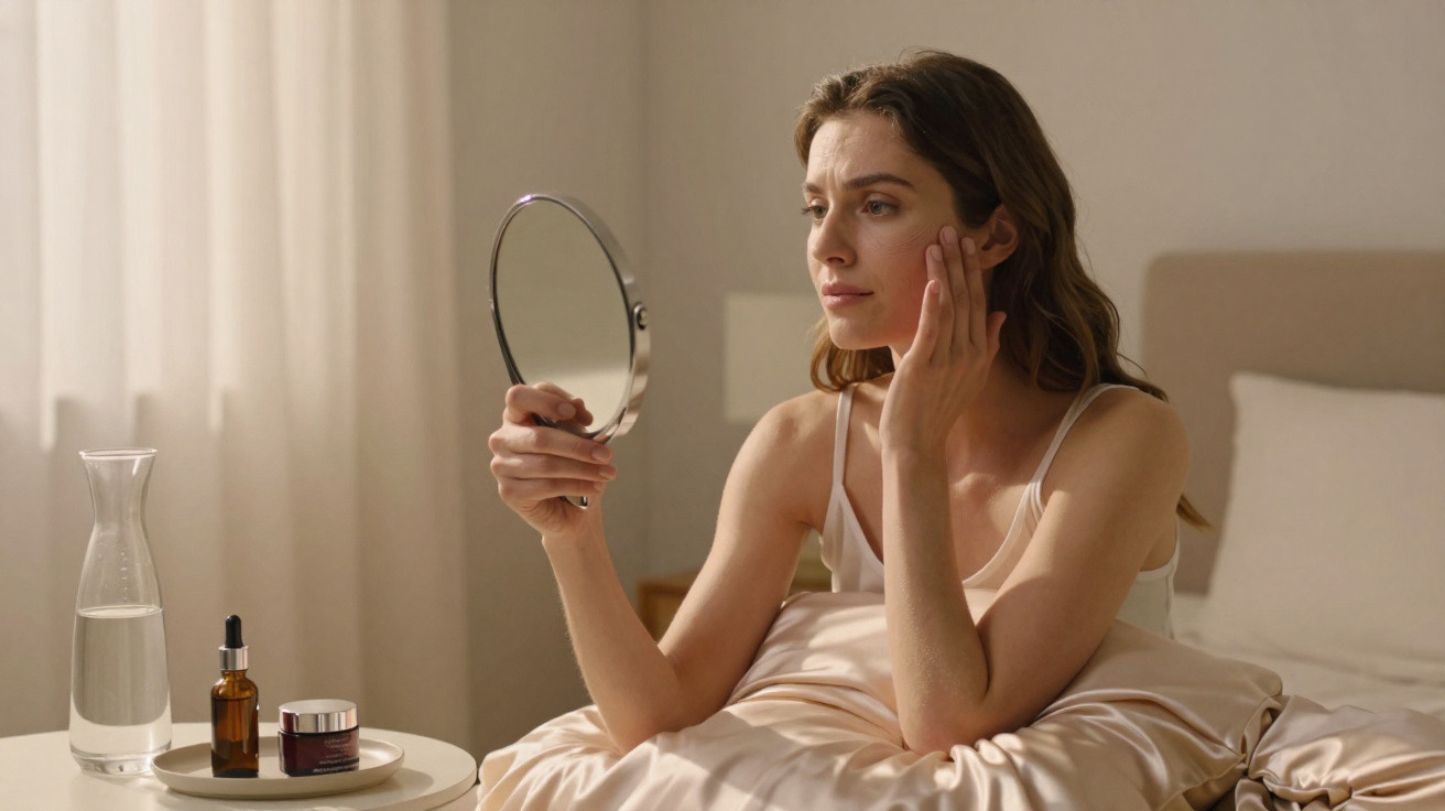 Mulher sentada na cama a olhar o rosto num espelho de mão, com produtos de cuidados da pele na mesa ao lado.