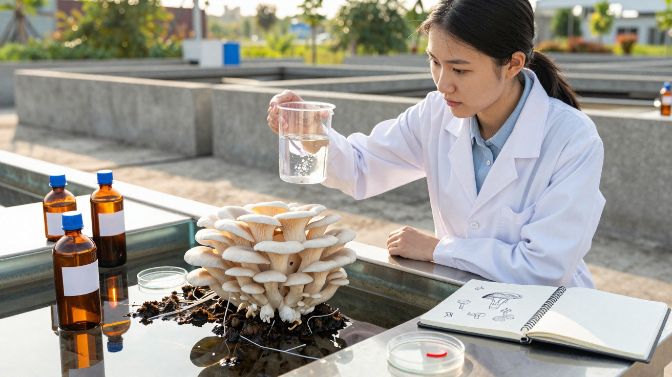Mulher cientista em bata branca a estudar cogumelos num laboratório ao ar livre com frascos e caderno.