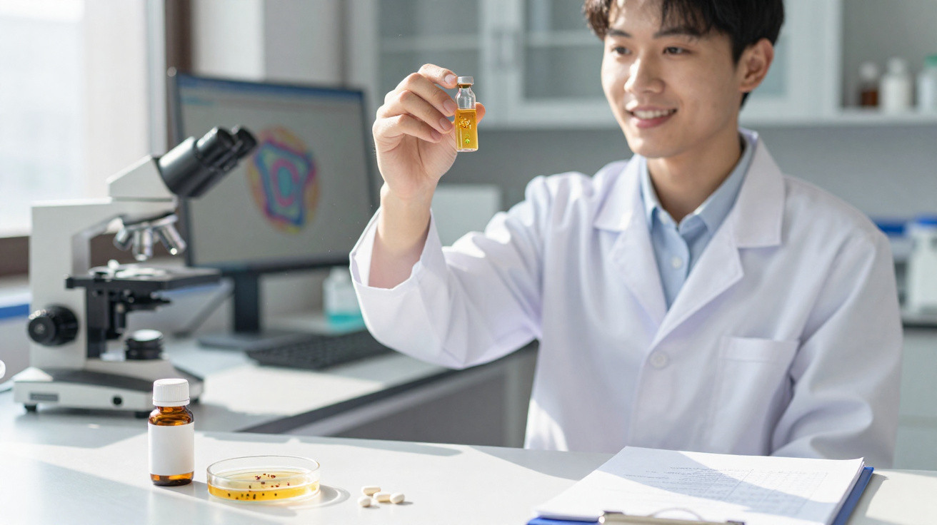 Cientista em bata branca segura frasco com líquido amarelo num laboratório com microscópio e petri.