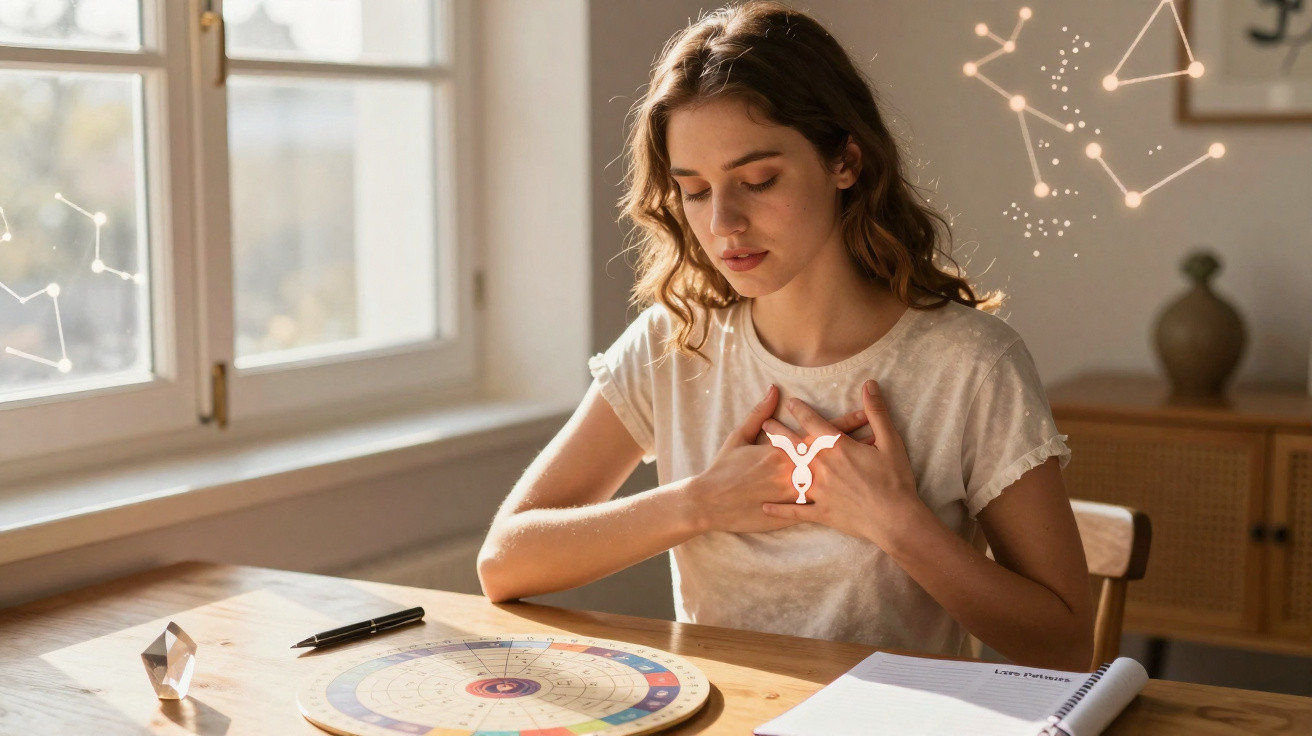 Mulher jovem a praticar meditação com tema astrológico, sentada à mesa perto de janela luminosa.