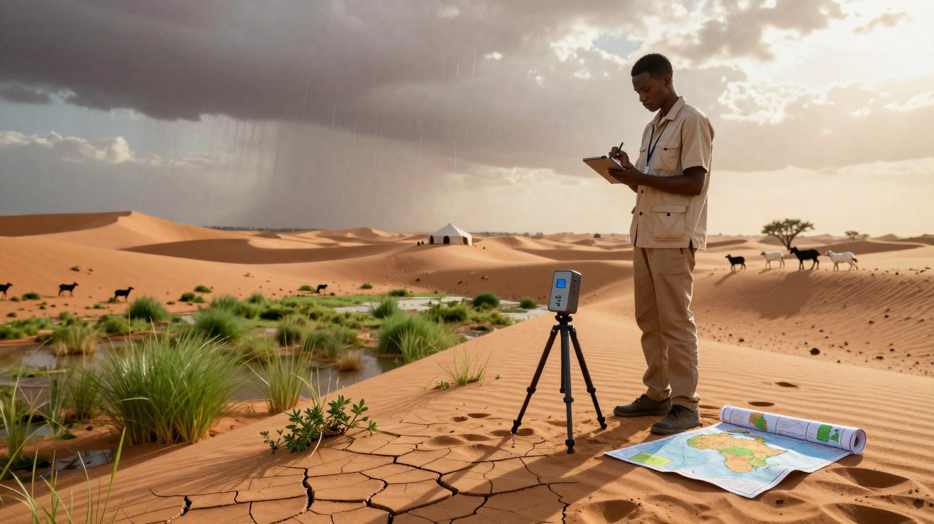 Homem a estudar dados ambientais no deserto com mapas, tripé e vegetação rala no solo árido.