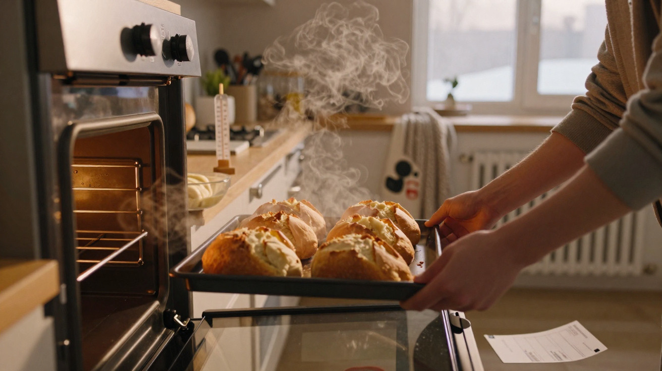 Pessoas a retirar do forno uma forma com pães frescos e quentes, com vapor a sair deles.