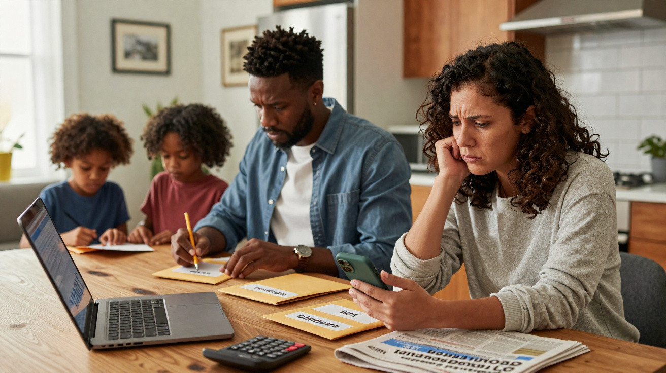Família concentrada a organizar despesas num ambiente doméstico com computador e calculadora na mesa.