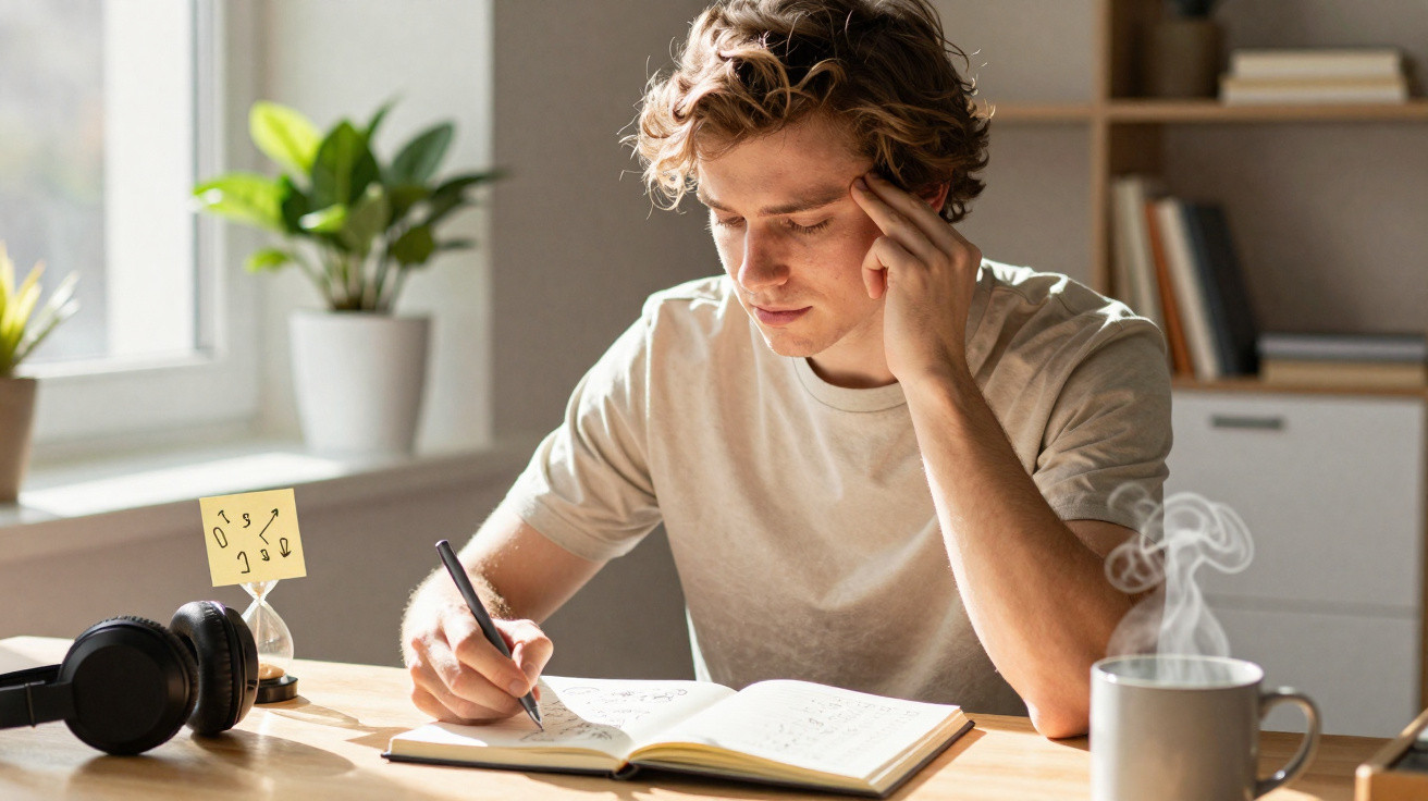 Jovem sentado à mesa, concentrado a escrever num caderno, com chá fumegante e auscultadores ao lado.