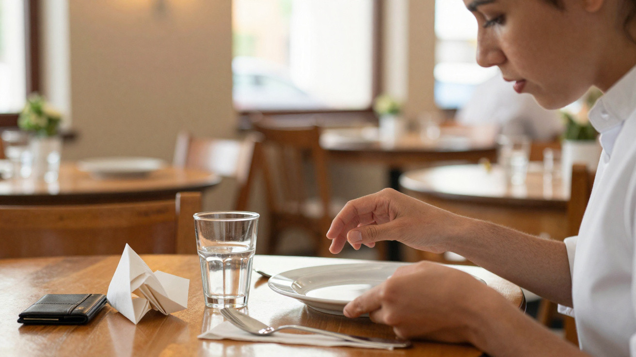 Mulher sentada à mesa com pratos vazios num restaurante, prestes a comer.