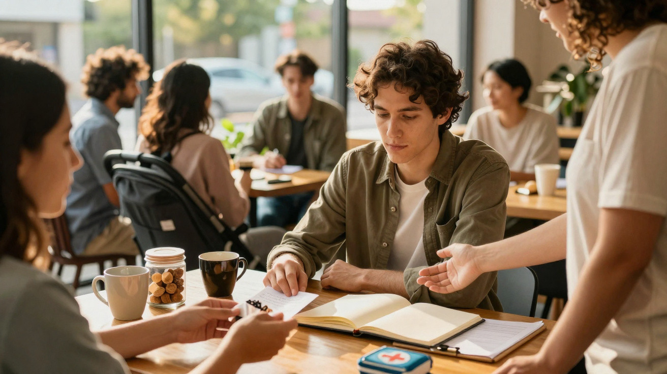 Jovem sentado numa mesa de café a receber uma nota da empregada, com cadernos e canecas na mesa.