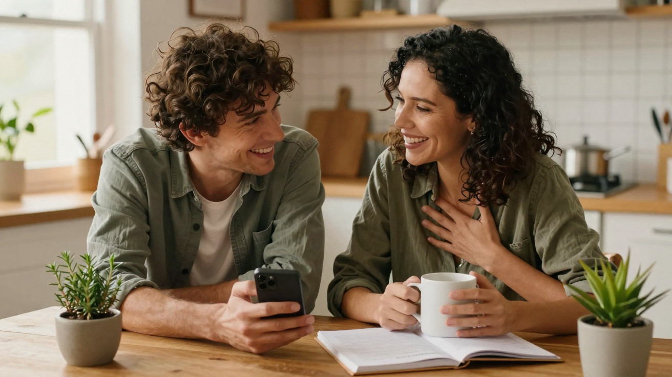 Jovem casal sorridente conversa na cozinha, ele segura telemóvel e ela uma caneca, com livro aberto à frente.