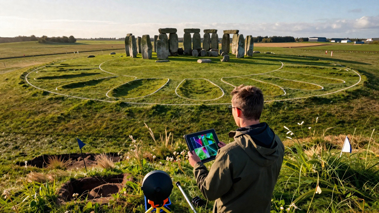 Pessoa com tablet a estudar as pedras de Stonehenge num campo aberto ao entardecer.