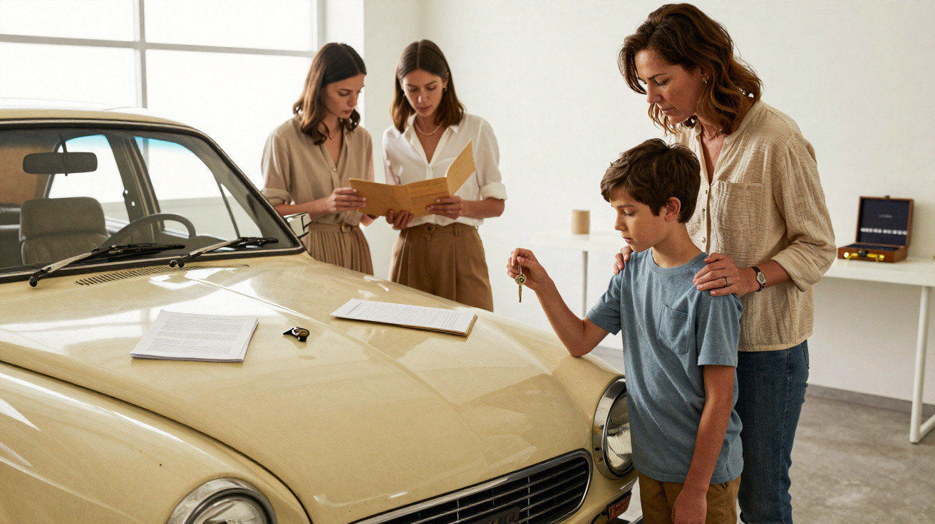 Mulher e menino com chave de carro antigo, enquanto duas mulheres analisam documentos junto ao automóvel.