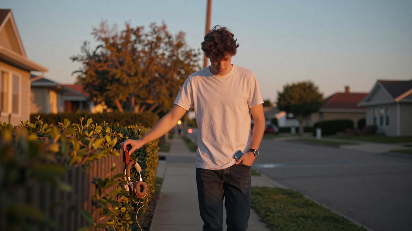 Jovem de cabelo encaracolado, com camisa branca, segura auscultadores junto a sebe numa rua residencial ao pôr do sol.