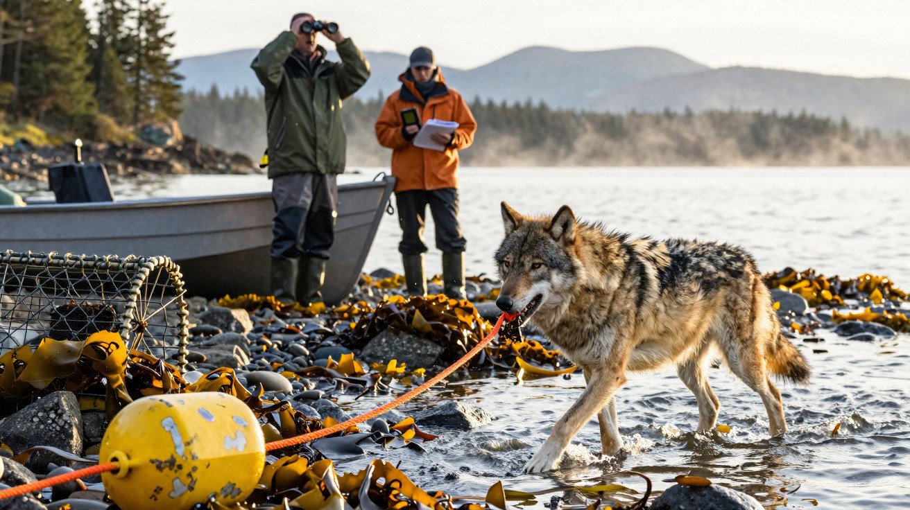 Lobo na água preso a corda, perto da margem com duas pessoas a observar e anotar junto a um barco.