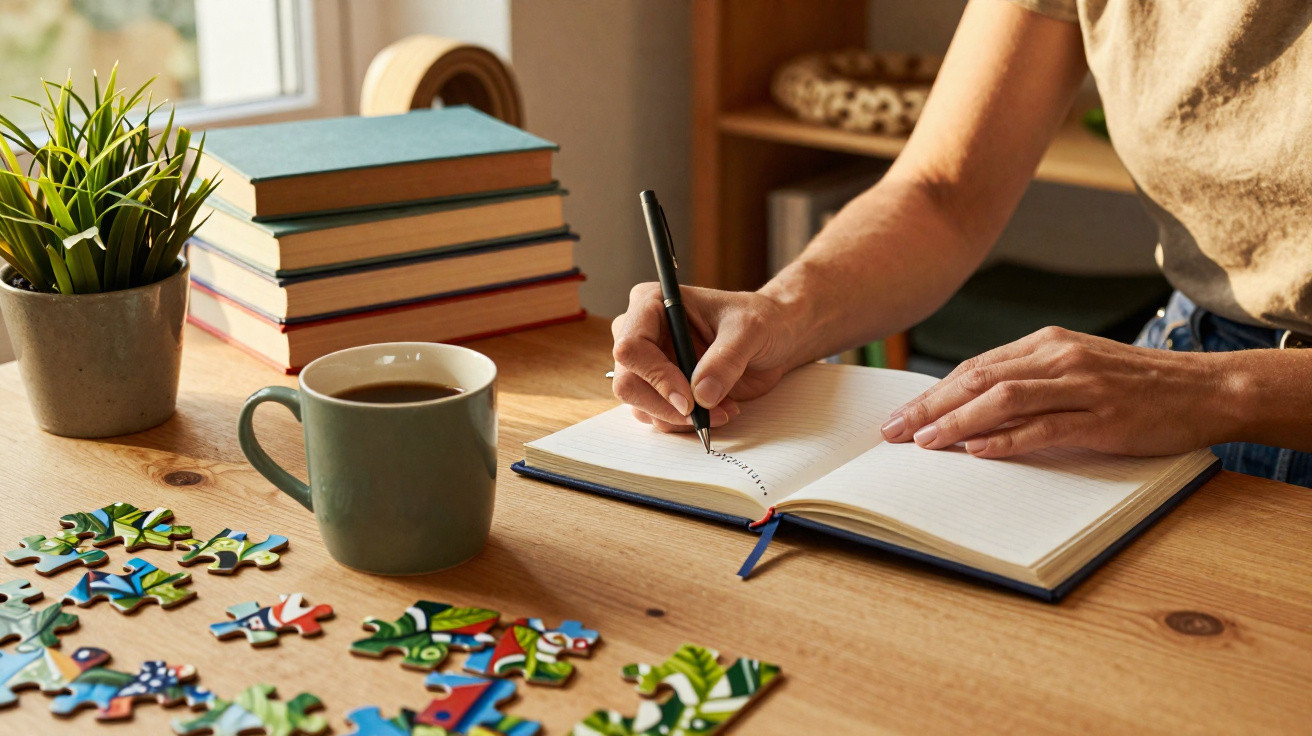 Pessoa a escrever num caderno aberto numa mesa com chávena de café, peças de puzzle e livros empilhados.