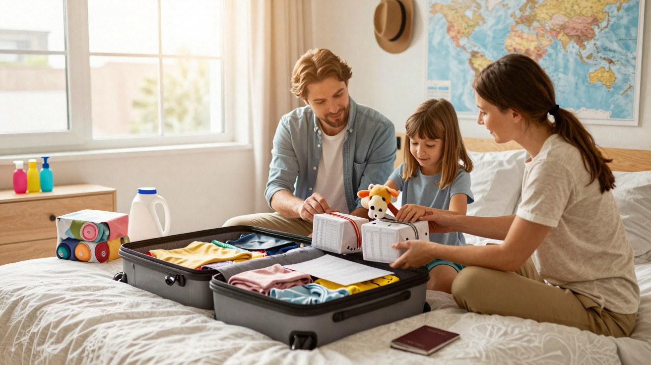 Família a fazer a mala numa cama, com roupas e brinquedos, num quarto iluminado e decorado com mapa mundial.