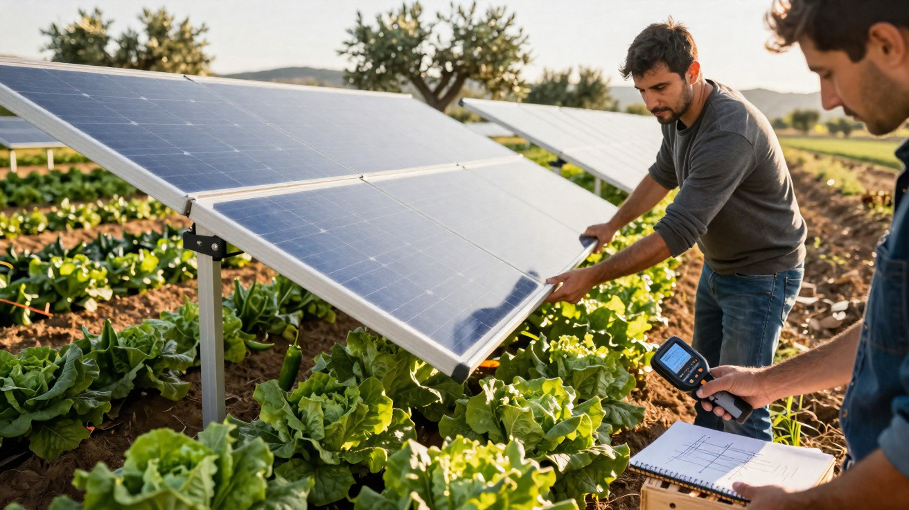 Dois homens inspecionam painéis solares instalados numa plantação de alfaces ao ar livre.
