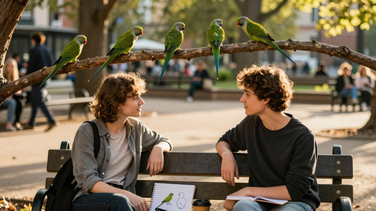 Dois jovens sentados num banco de parque com um desenho de papagaio e seis papagaios verdes numa árvore acima deles.