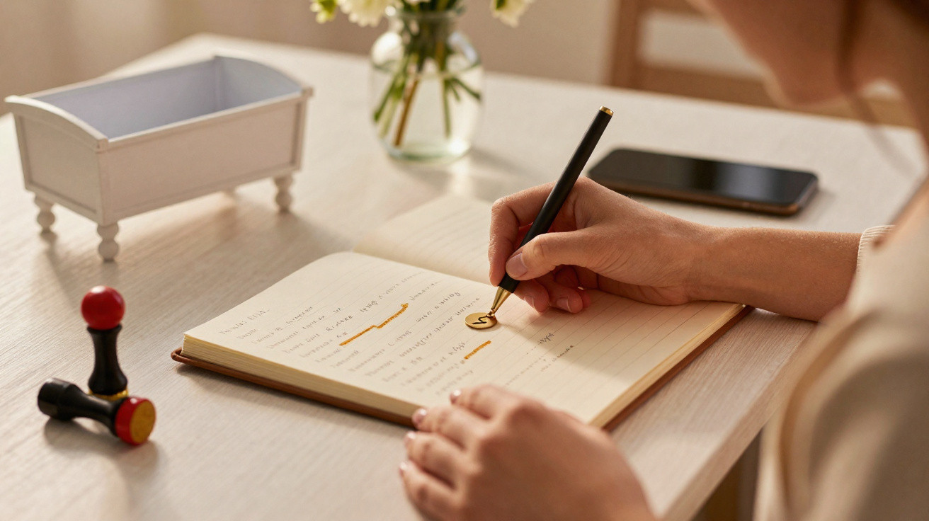 Pessoa a escrever num caderno aberto sobre uma mesa com carimbos, telemóvel e vaso com flores ao fundo.
