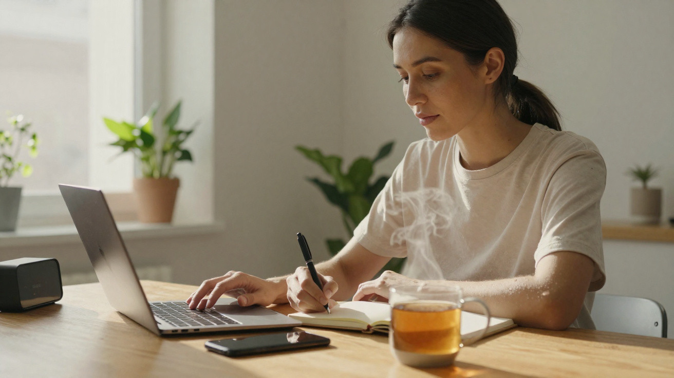 Mulher sentada a escrever num caderno com computador portátil aberto e chá numa chávena numa mesa de madeira.