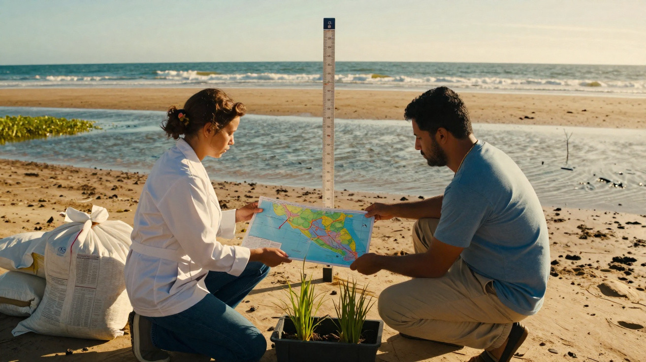 Duas pessoas analisam um mapa e plantas perto da praia durante trabalho de campo ambiental.