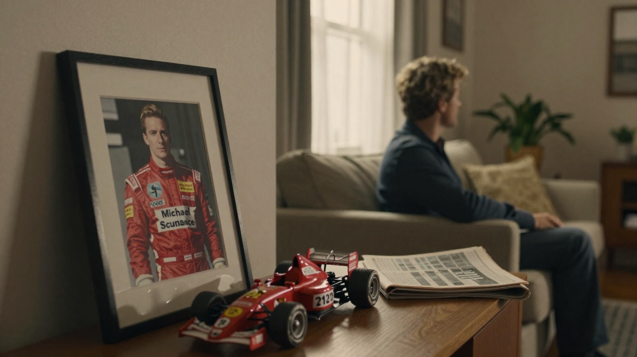 Retrato de Michael Schumacher, miniatura de carro de corrida e homem sentado num sofá desfocado.