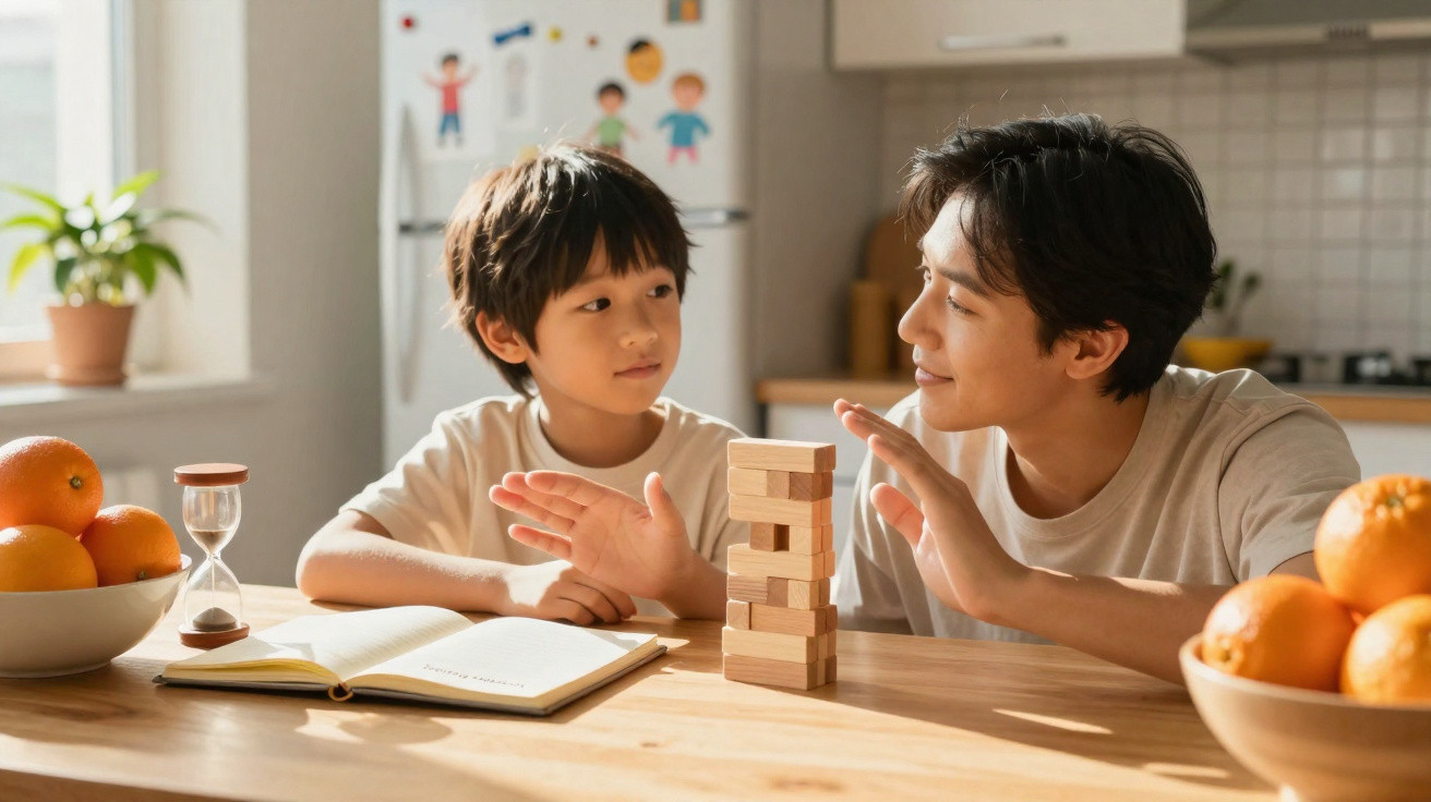 Pai e filho asiáticos jogam Jenga juntos numa cozinha iluminada e acolhedora com frutas e livro na mesa.