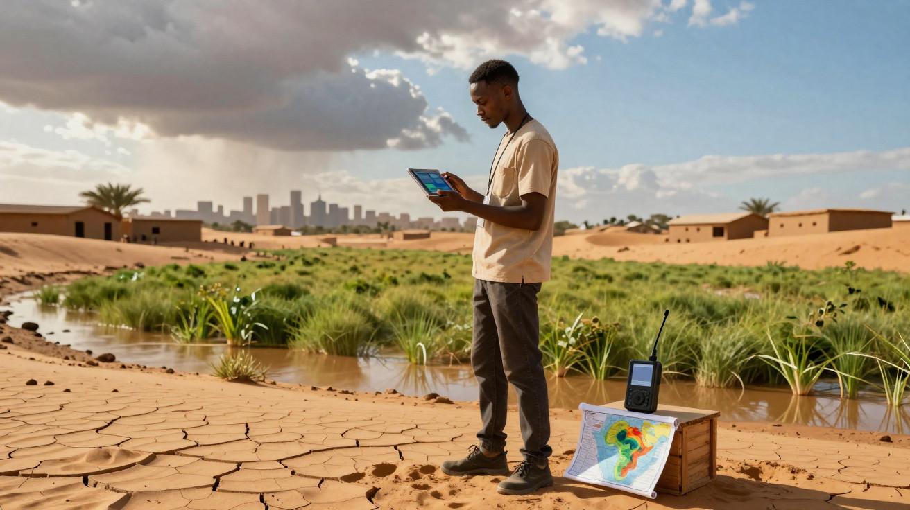 Homem com tablet na mão analisa dados num deserto perto de lagoa com mapa e rádio ao lado.