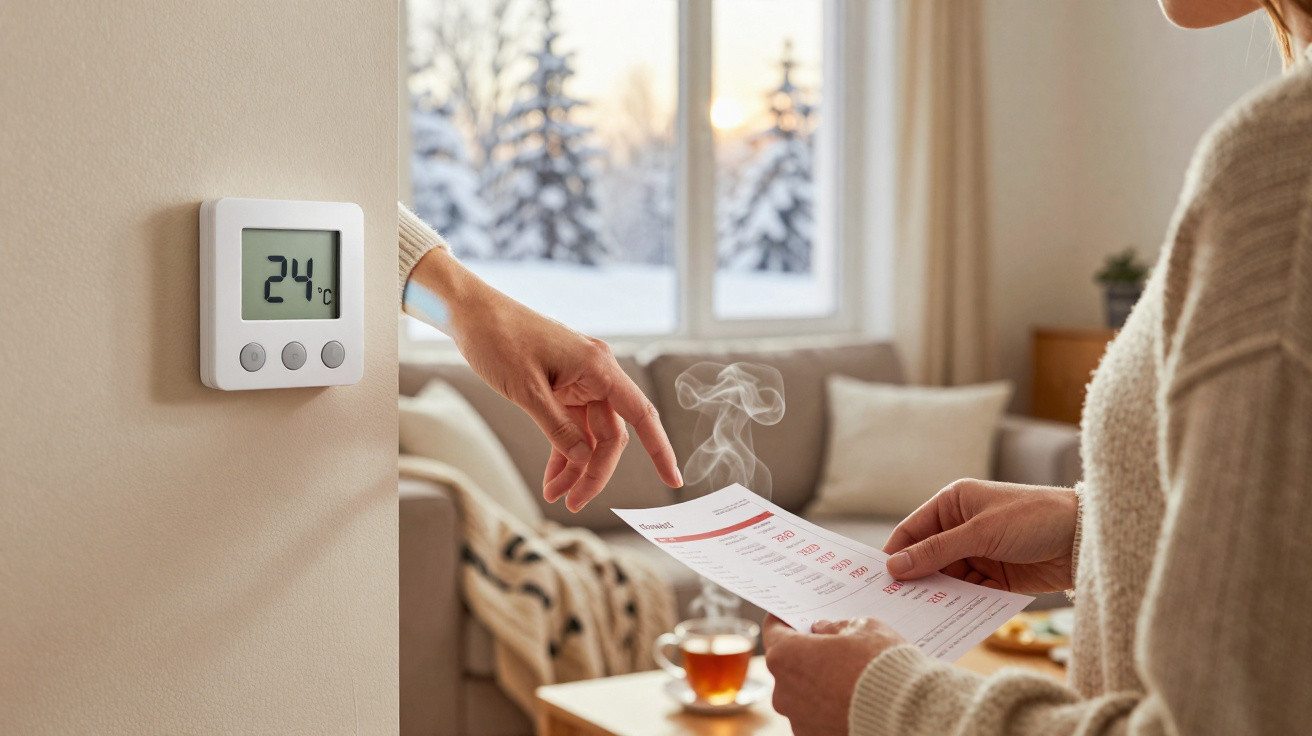 Pessoa verificando fatura de aquecimento com termóstato a 24°C numa sala aconchegante com chá quente e neve lá fora.