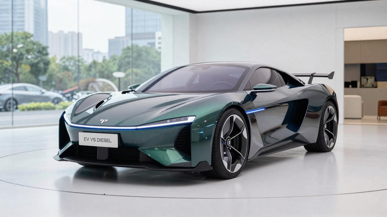 Carro desportivo elétrico verde metálico com design futurista, numa sala ampla com janelas de vidro.