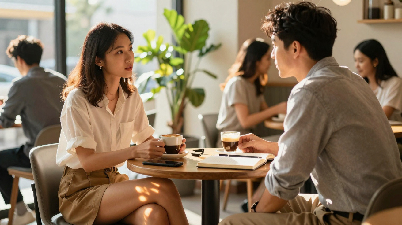 Duas pessoas a conversar numa mesa de café com outras pessoas ao fundo num ambiente iluminado e acolhedor.