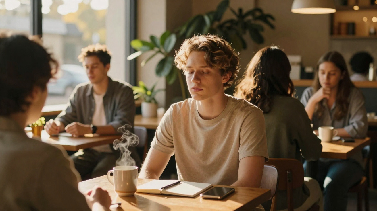 Jovem sentado numa mesa de café com olhos fechados, com chá quente à sua frente e pessoas ao fundo.